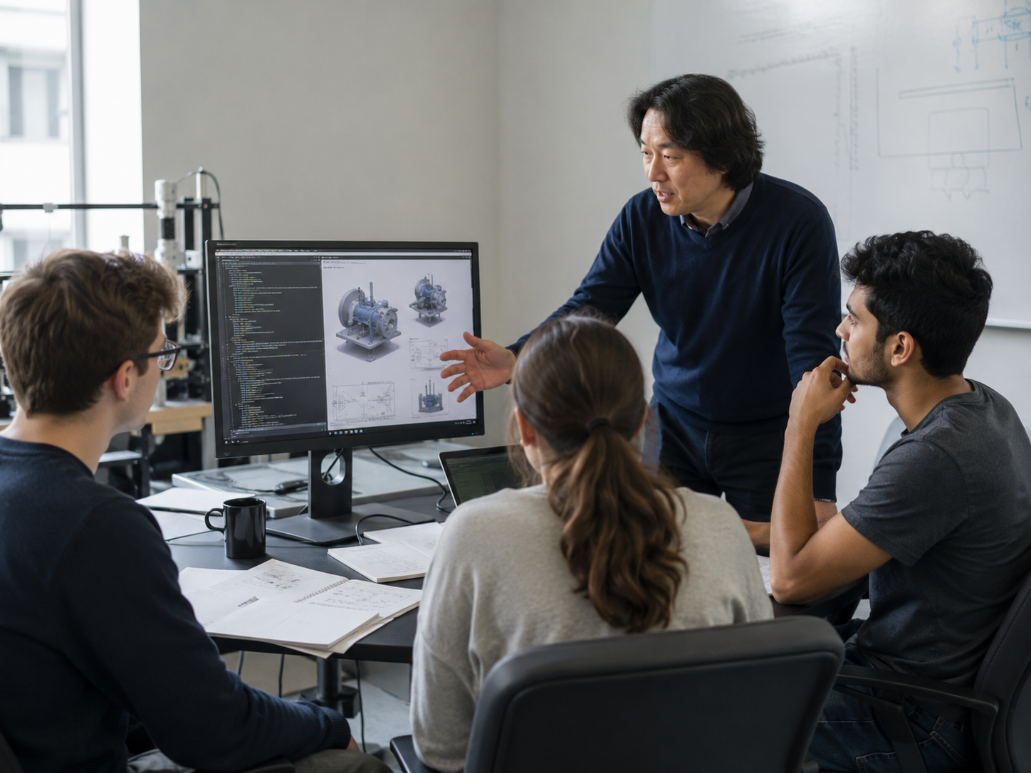 学生が教員と議論している研究室のイメージ